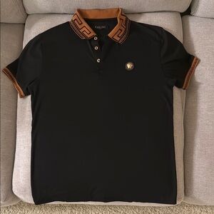 Black Polo Shirt with Orange Striped Collar and Embroidered Logo